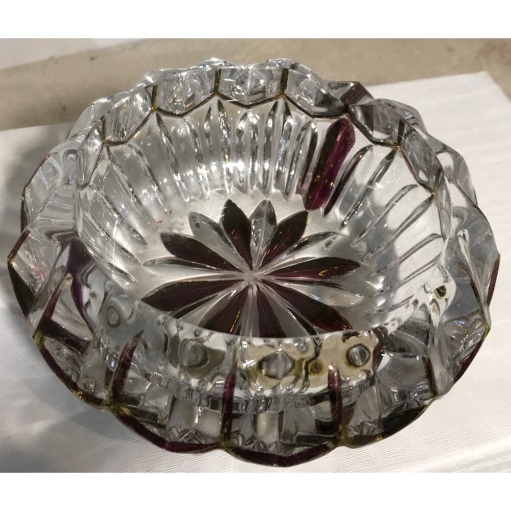 Vintage Ashtray Crystal & Purple Glass  With Starburst Design  5 x 2” Stunning